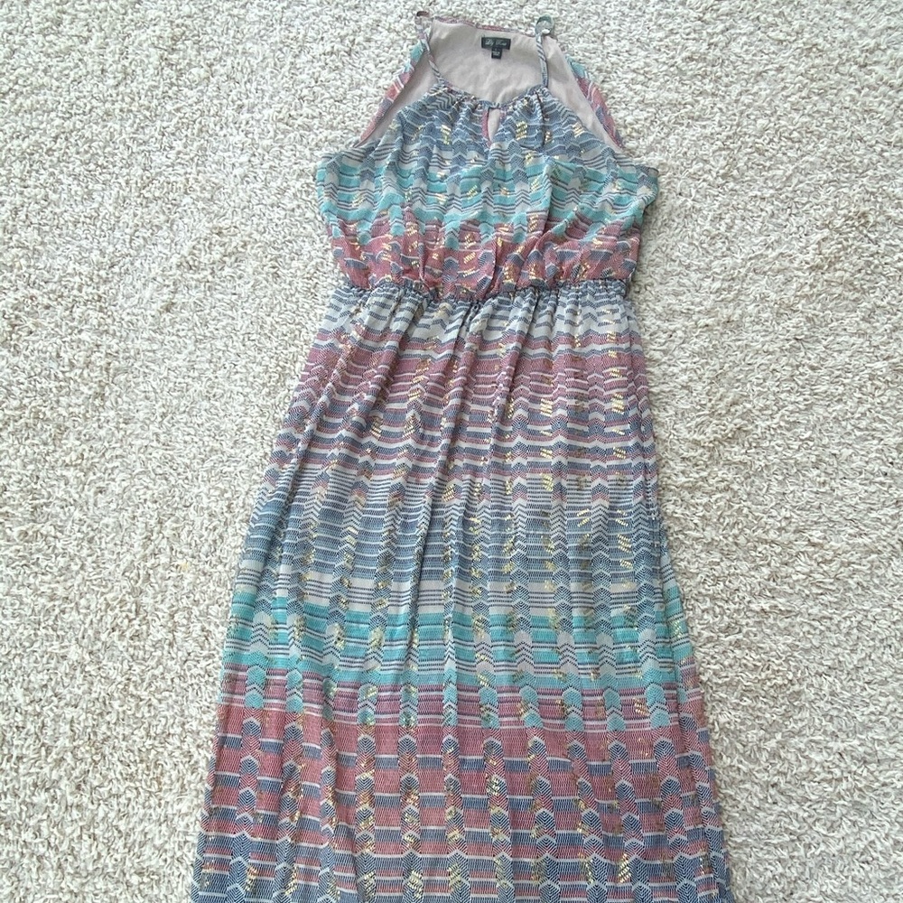Multicolored long dress with gold colored designs